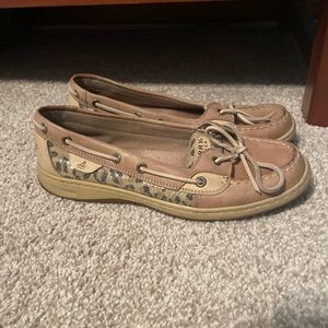Sperry Angel Fish Leopard Print Boat Shoes Black and Tan